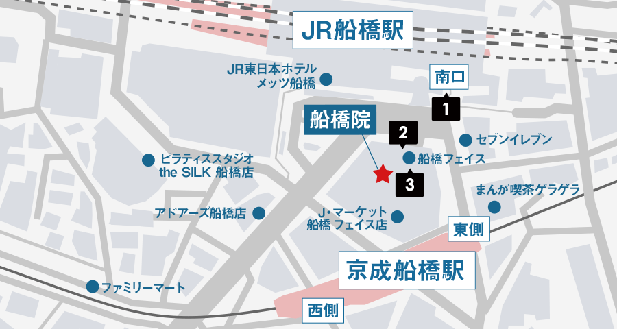 JR船橋駅からイースト駅前クリニック船橋院へのアクセスマップ